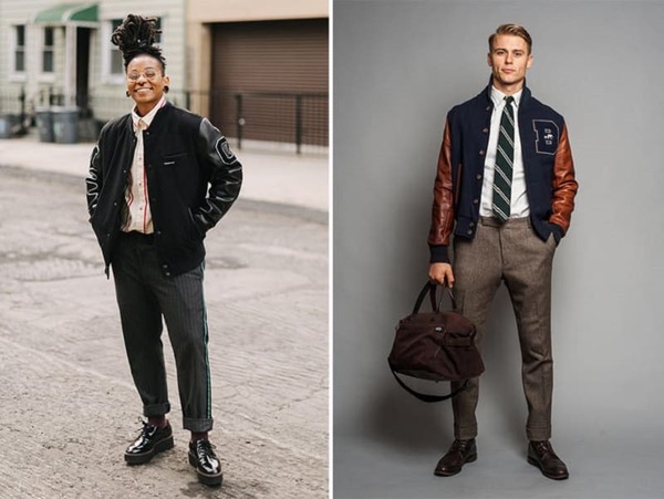 Áo khoác varsity jacket có thể kết hợp với sơ mi và quần tây tạo nên style trưởng thành