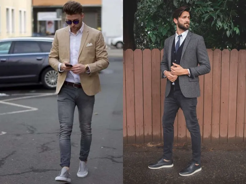 Mạnh mẽ, nam tính cùng set đồ quần jeans màu xám và áo vest/blazer