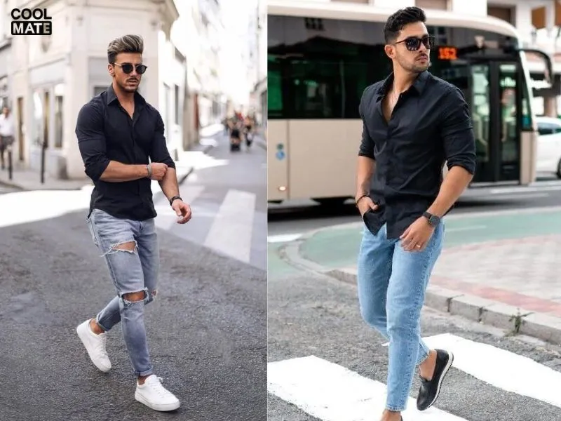 Phối áo sơ mi đen với quần Jeans