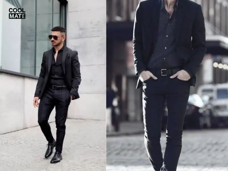 Phối áo sơ mi đen cùng blazer lịch lãm