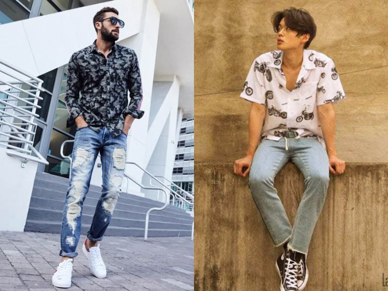 Áo sơ mi họa tiết mix quần jeans bụi bặm