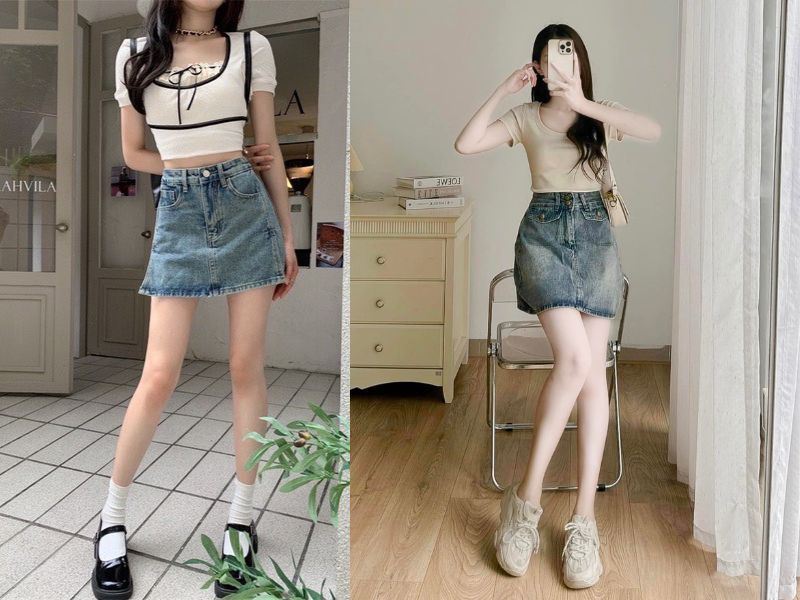 Áo croptop mix váy jeans ngắn thoải mái