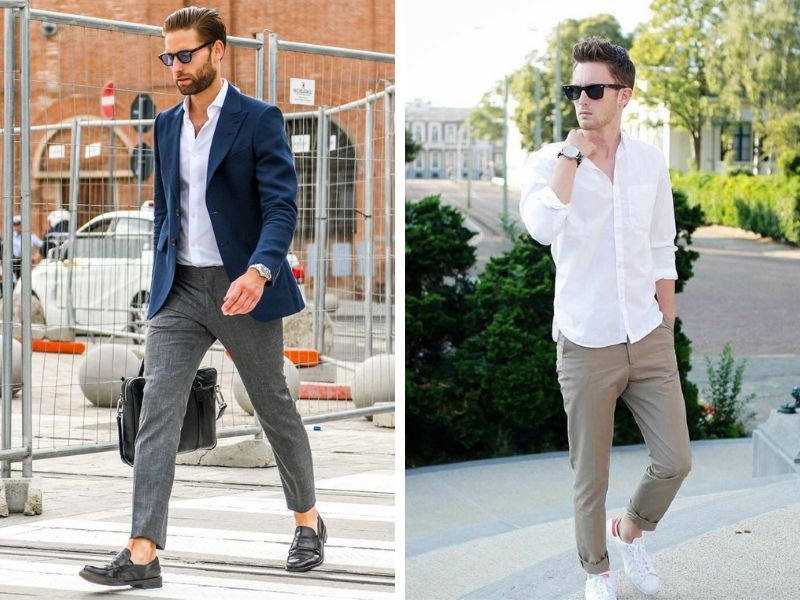 Phối quần kaki màu ghi với áo sơ mi trắng nam + blazer