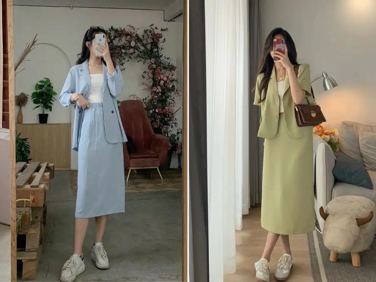 Chân váy công sở phối với áo blazer
