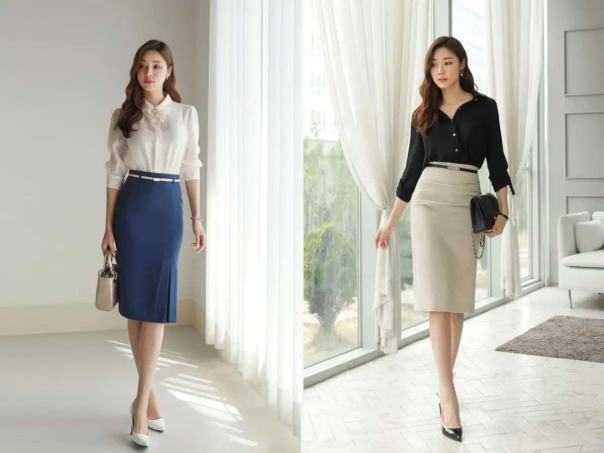 Chân váy công sở phối với thắt lưng