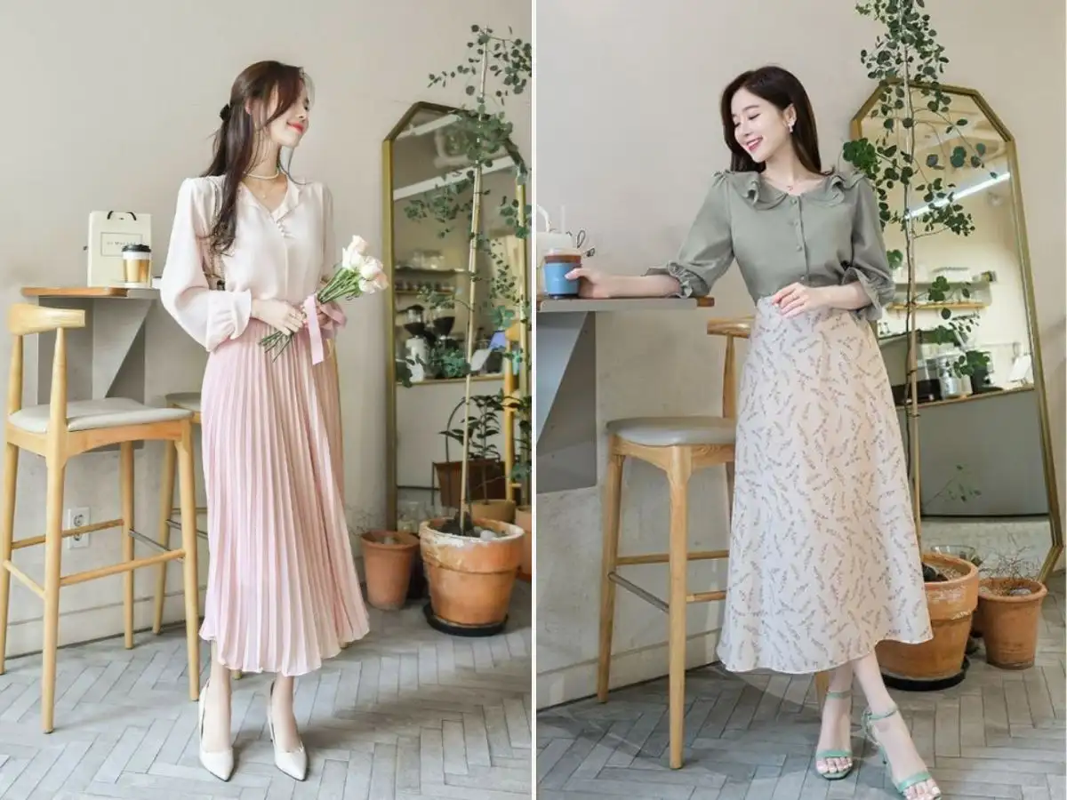 Chân váy công sở phối với áo sơ mi pastel