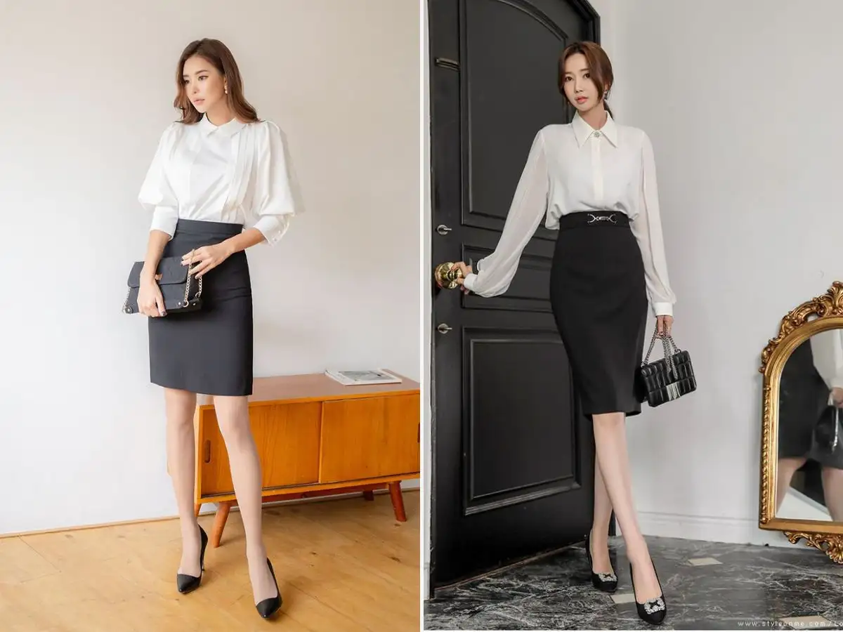Chân váy công sở phối với áo sơ mi lụa