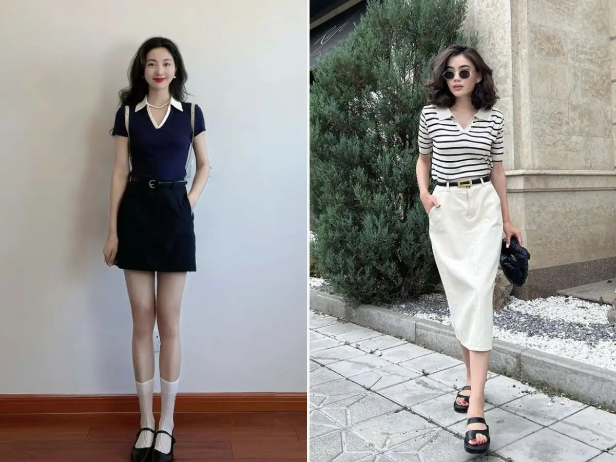 Chân váy công sở phối với áo polo