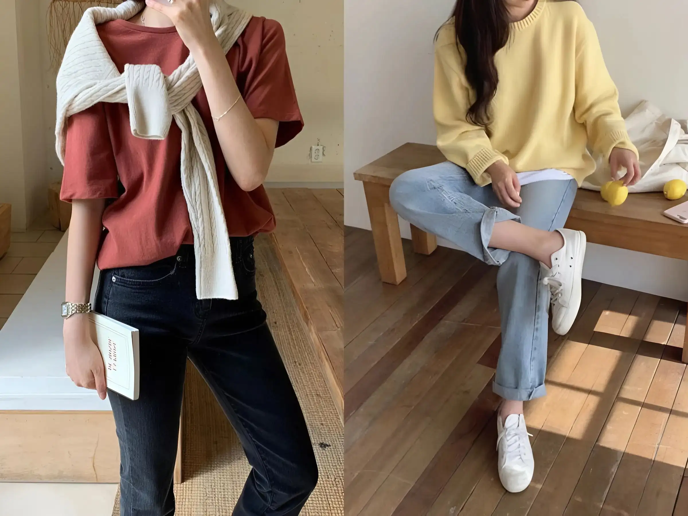 Áo Len Mỏng/Cardigan + Váy Hai Dây/Áo Thun + Quần Jeans