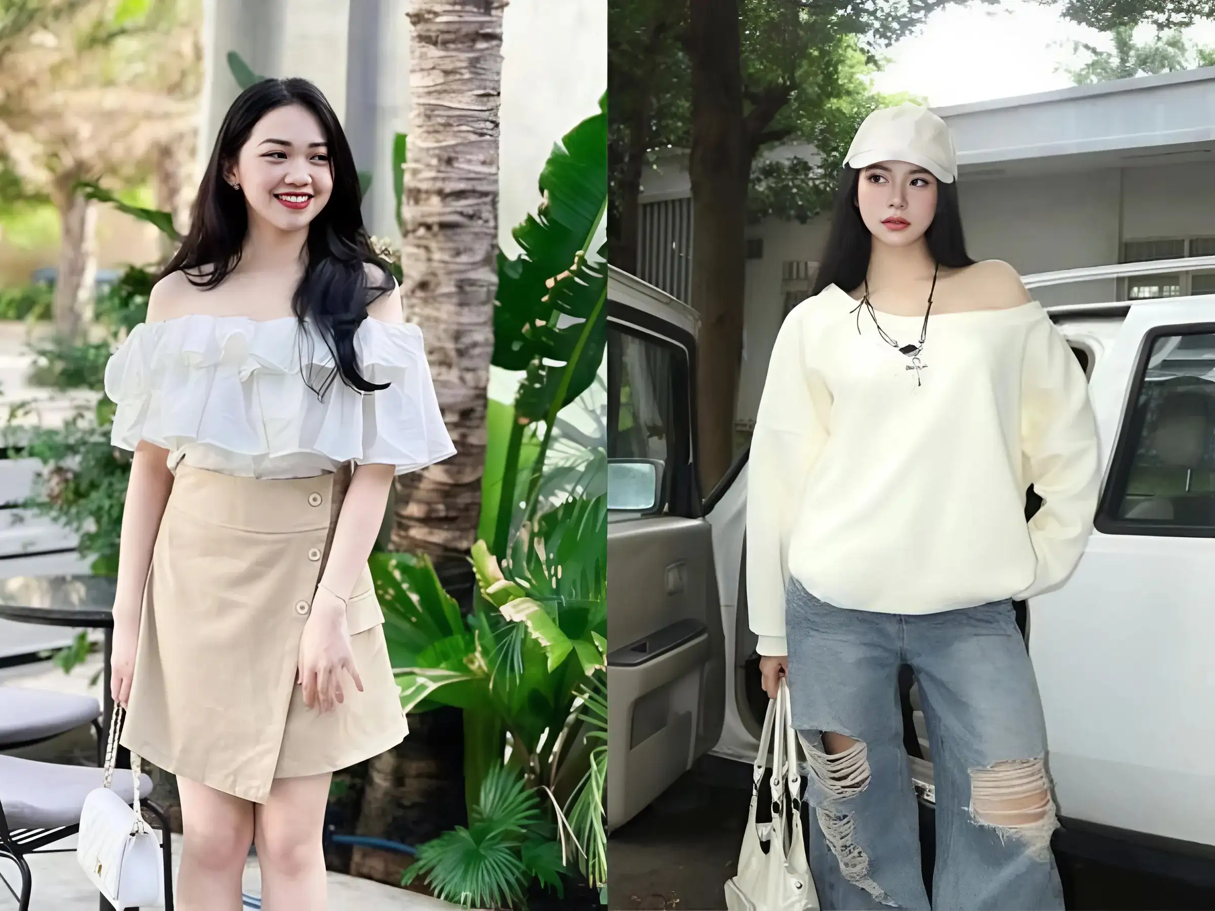 Áo Trễ Vai Quyến Rũ + Chân Váy/Quần Jeans
