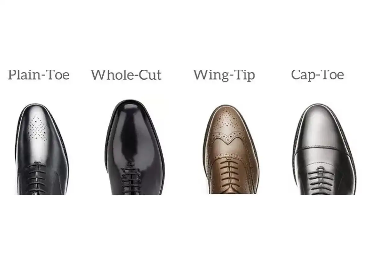 Các kiểu mũi giày khác nhau: Plain toe, Cap toe, Wingtip