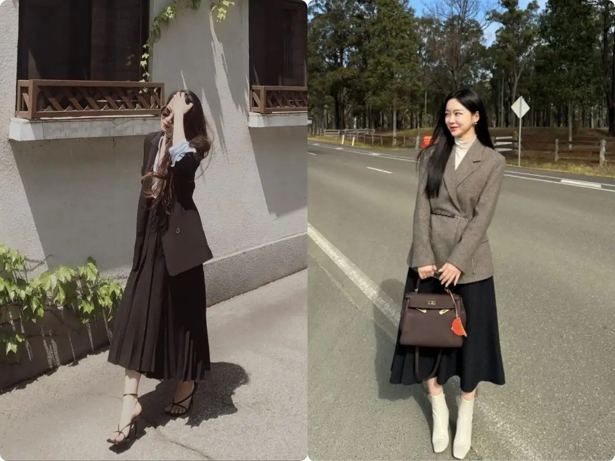 Nâng tầm set đồ thời trang công sở ngày đông với sự kết hợp giữa áo blazer và chân váy dài