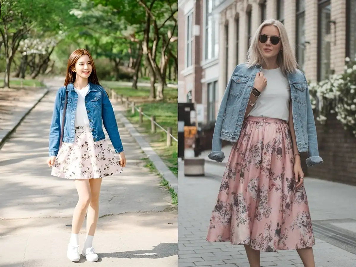 Chút cá tính, bụi bặm cho chiếc chân váy hoa nữ tính khi phối cùng áo Denim