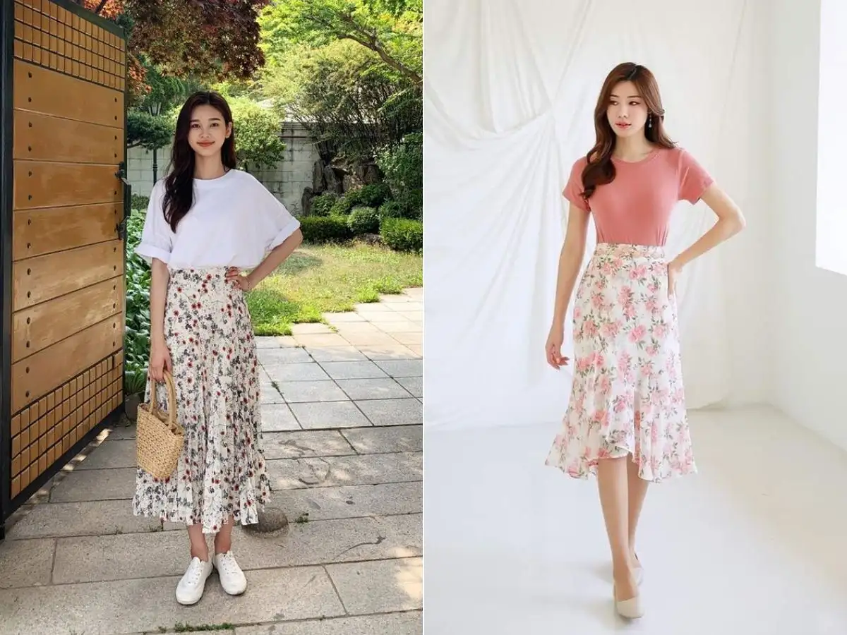 Chân váy hoa phối với áo thun là combo đơn giản lại xinh xắn