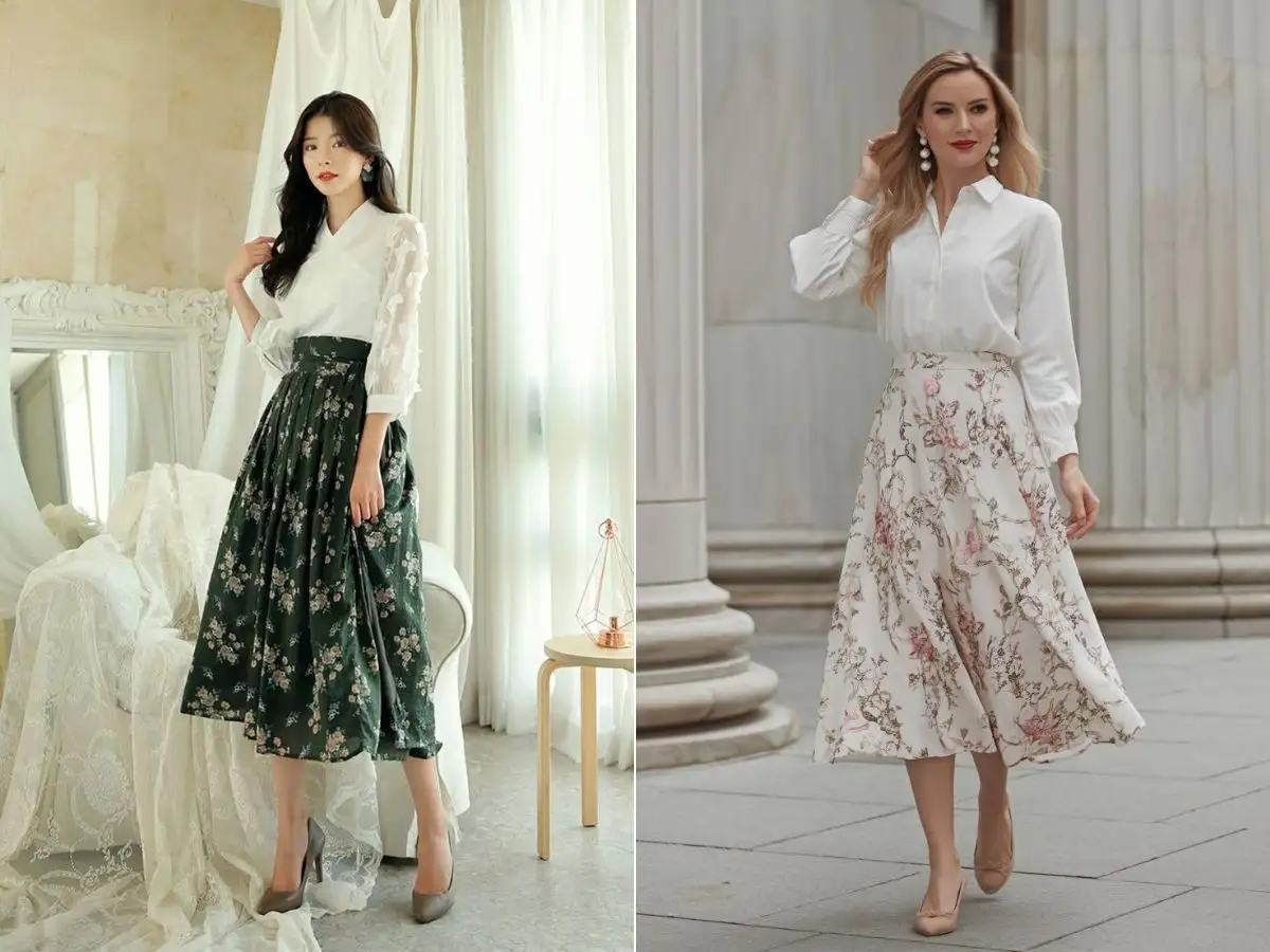 Kết hợp chân váy hoa cùng áo sơ mi tạo nên phong cách thanh lịch