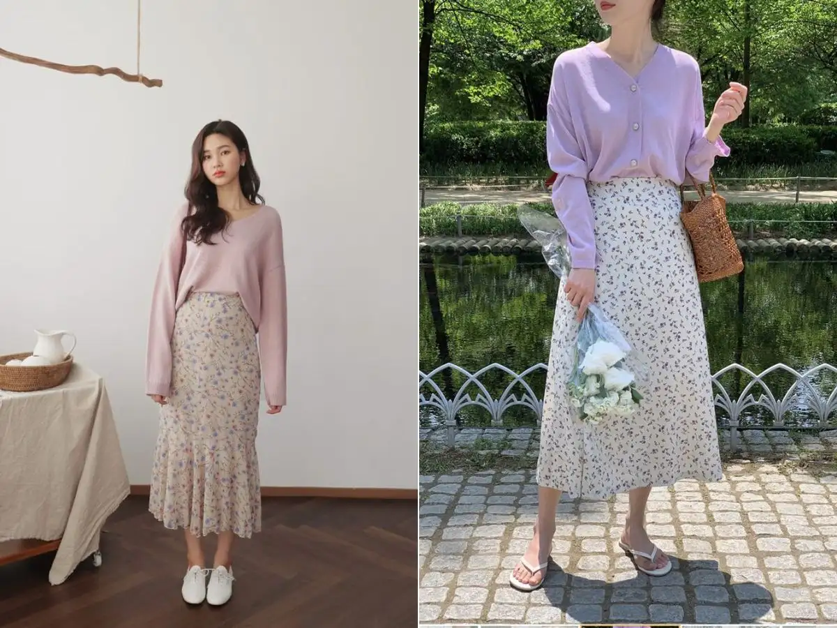 Combo áo len mỏng cùng chân váy hoa là lựa chọn hoàn hảo cho trời se lạnh