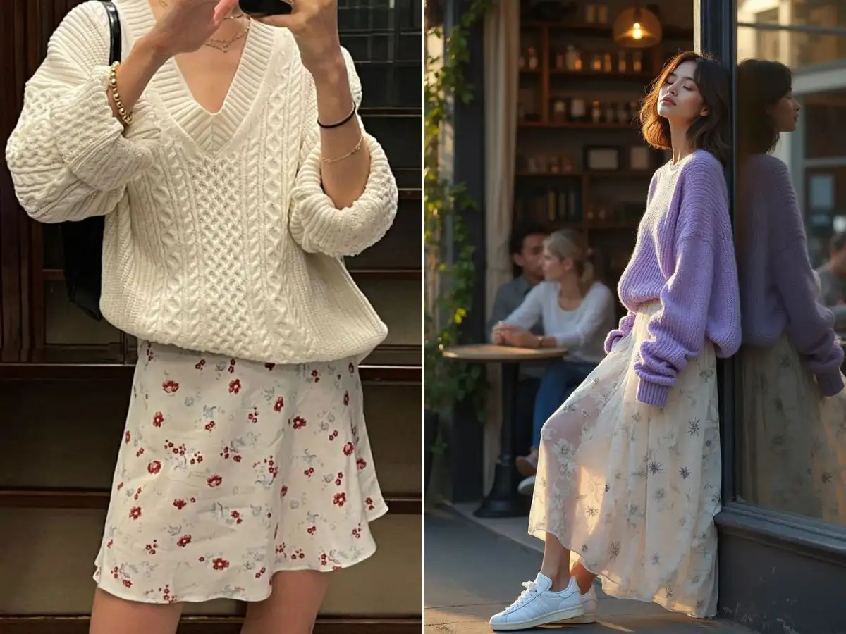 Kết hợp áo len oversize cùng chân váy hoa vừa giữ ấm vừa cá tính