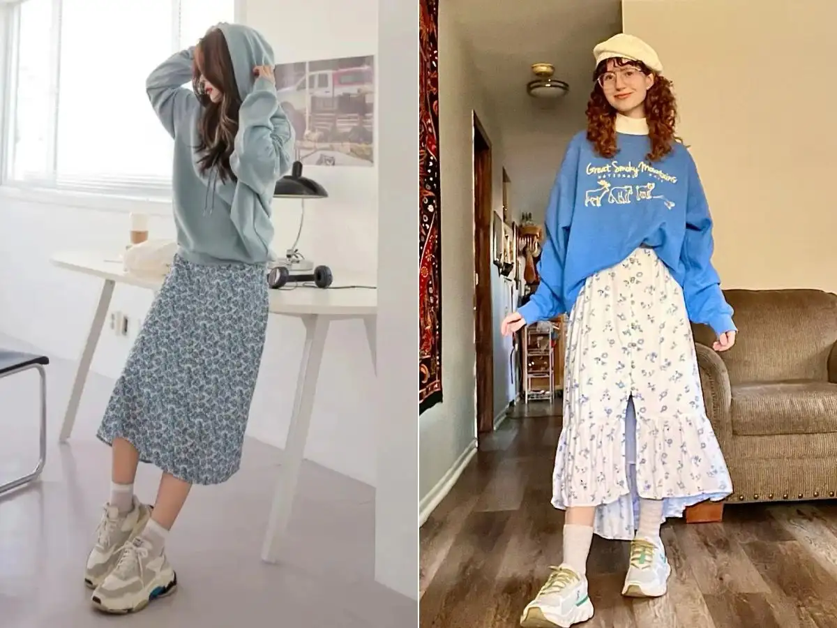 Phối chân váy hoa với Hoodie/Sweater tạo ra một tổng thể cực kỳ hay ho