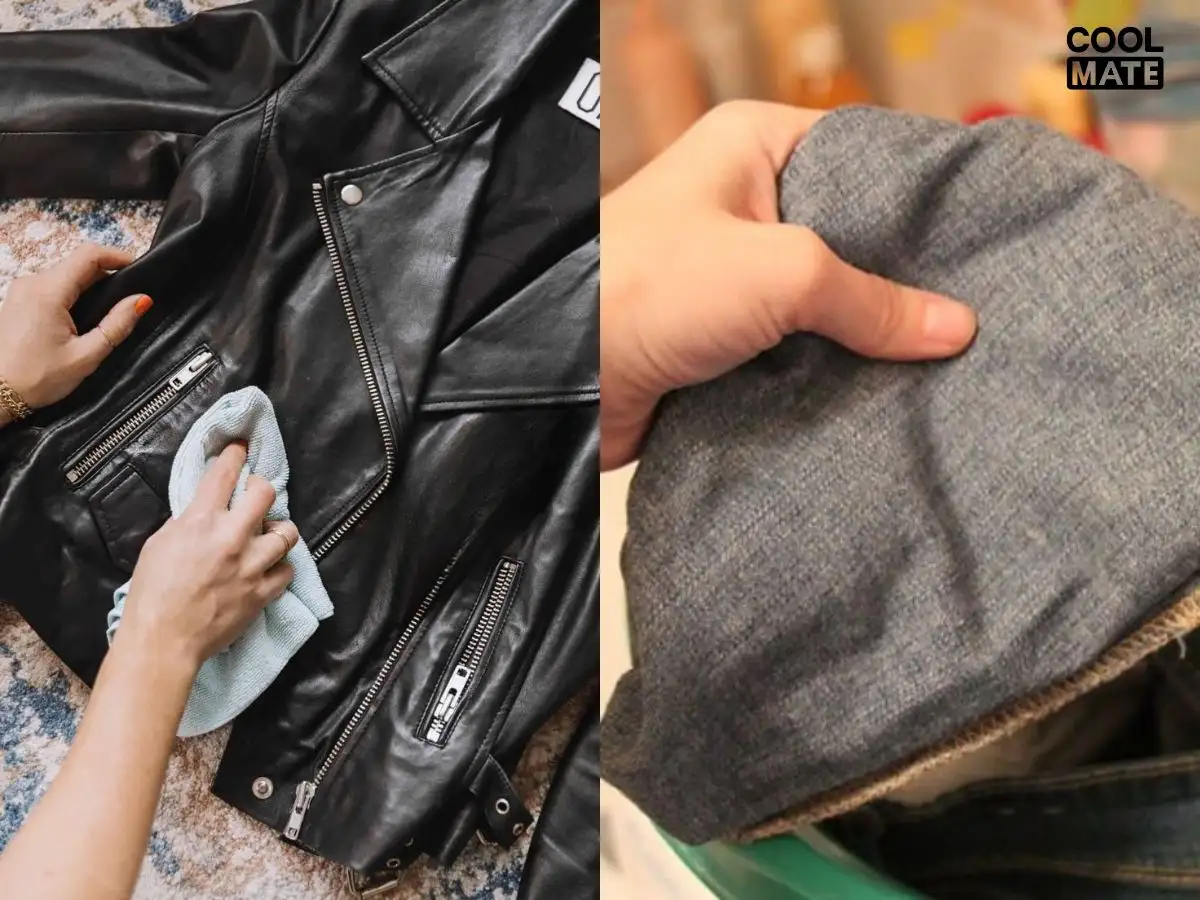 Lau áo da bằng khăn ẩm, lộn trái áo denim trước khi cho vào máy giặt
