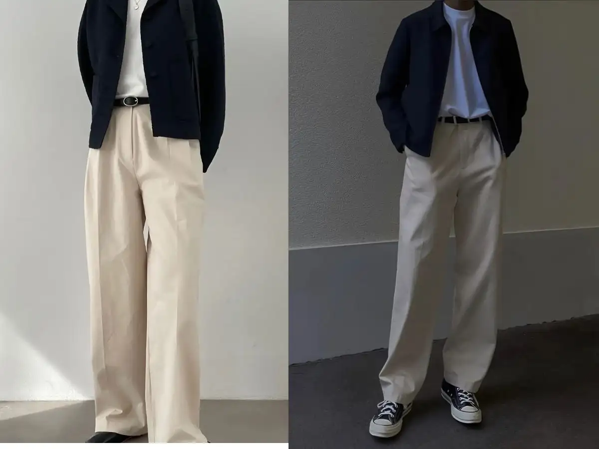 Thêm blazer bên ngoài set đồ quần ống suông và áo thun