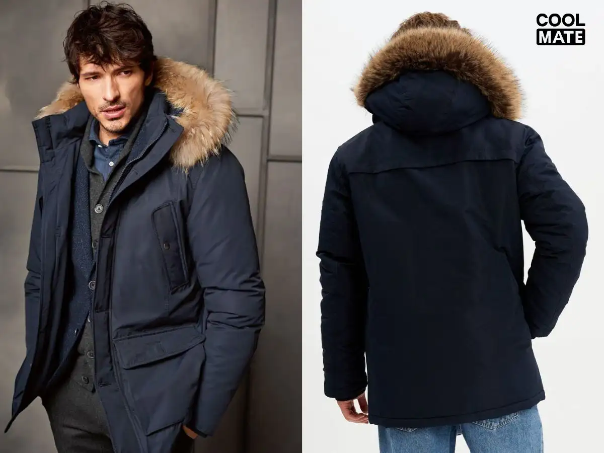 Áo khoác anorak có mũ phủ lớp lông và túi lớn phía trước bụng