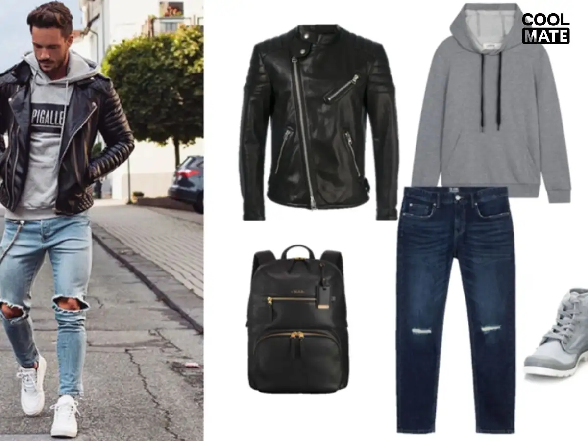 Áo khoác da kết hợp cùng áo thun và quần jeans xanh
