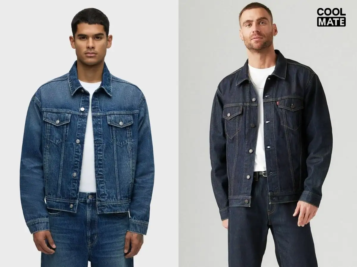 Áo khoác denim màu xanh cơ bản với kiểu dáng trucker cổ điển