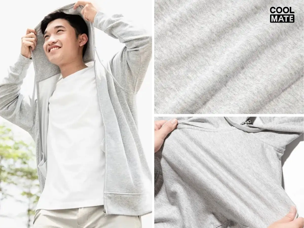 Áo khoác gió Coolmate chất liệu Cotton và cận cảnh sợi vải Cotton
