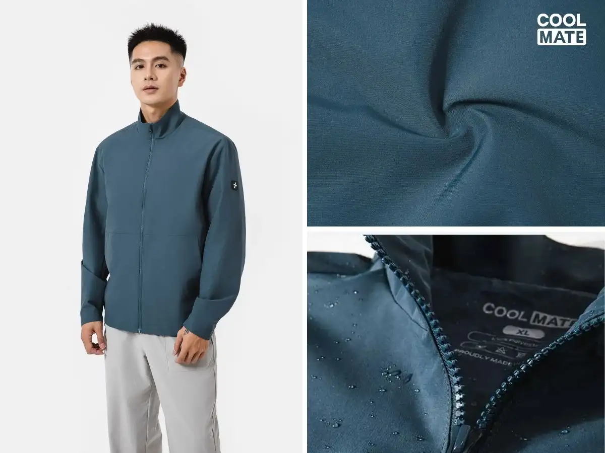 Áo khoác gió Coolmate chất liệu Polyester và cận cảnh bề mặt vải Polyester