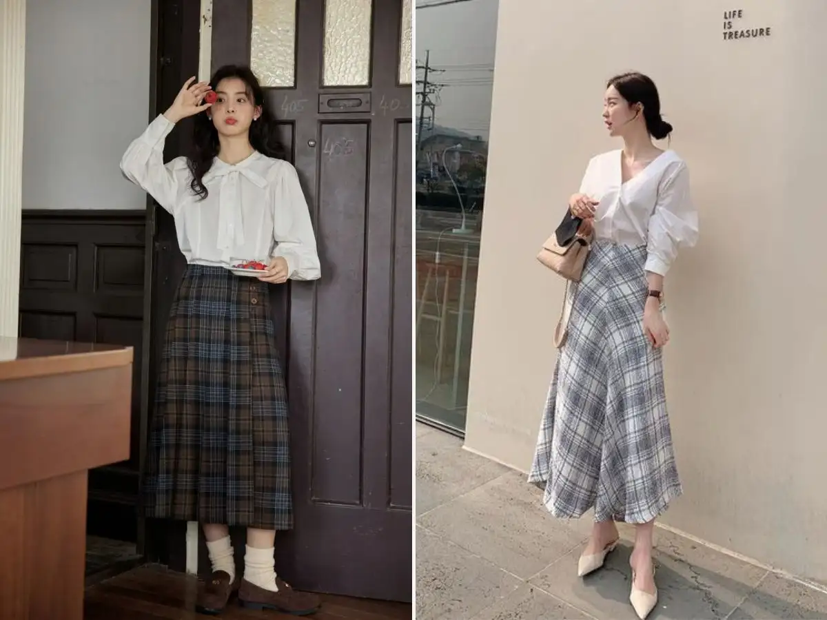 Phối váy caro với áo sơ mi cách điệu