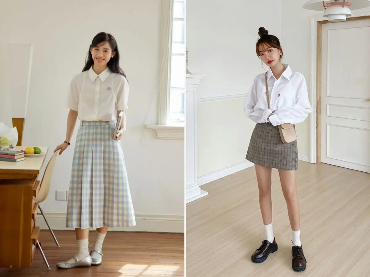 Phối váy caro với áo sơ mi họa tiết