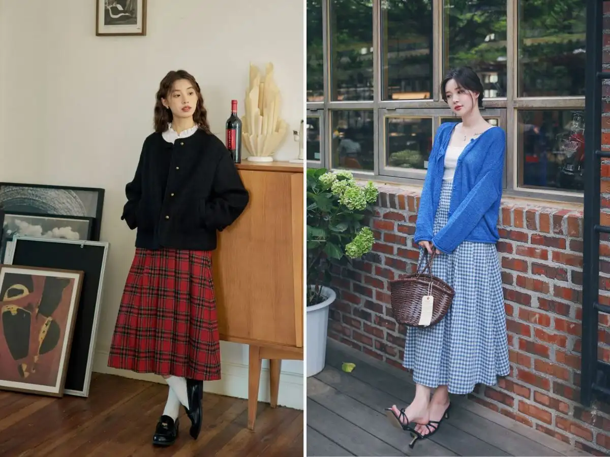 Phối váy caro với len cardigan