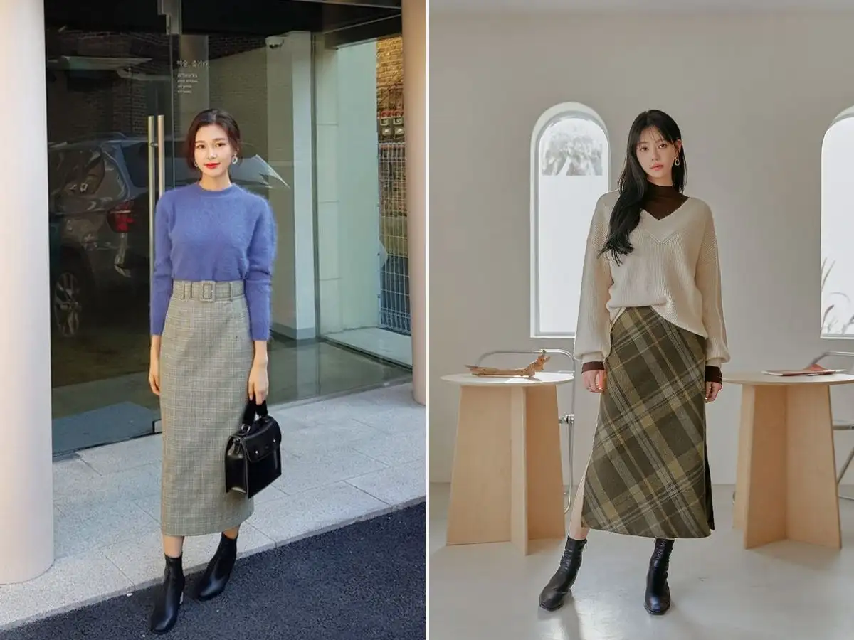 Phối váy caro với len oversized