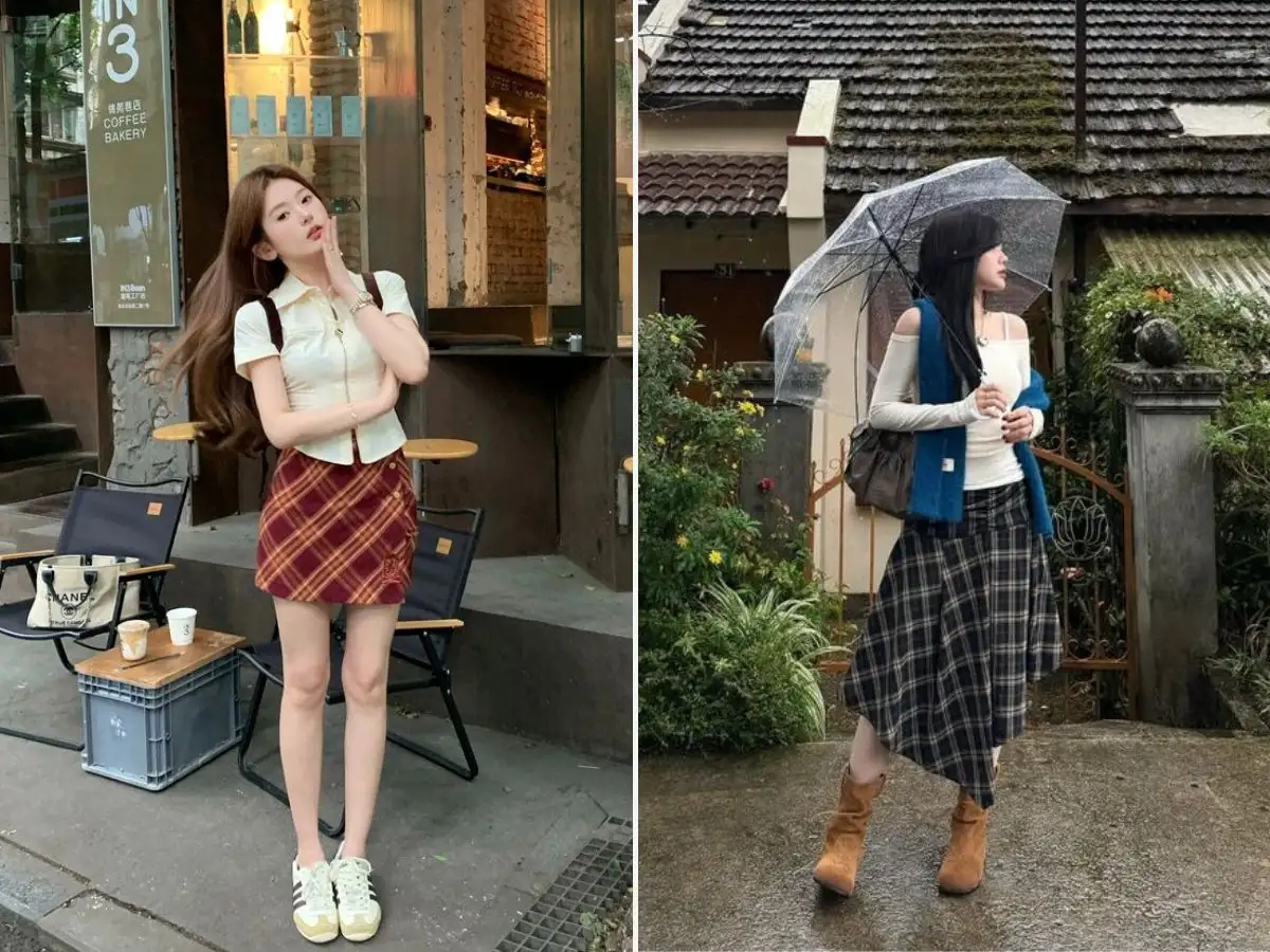 Phối váy caro với phụ kiện