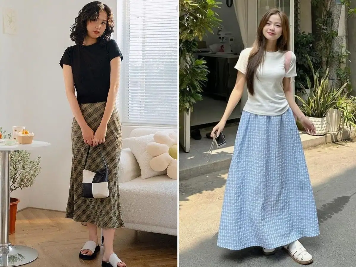 Phối váy caro với áo thun trơn