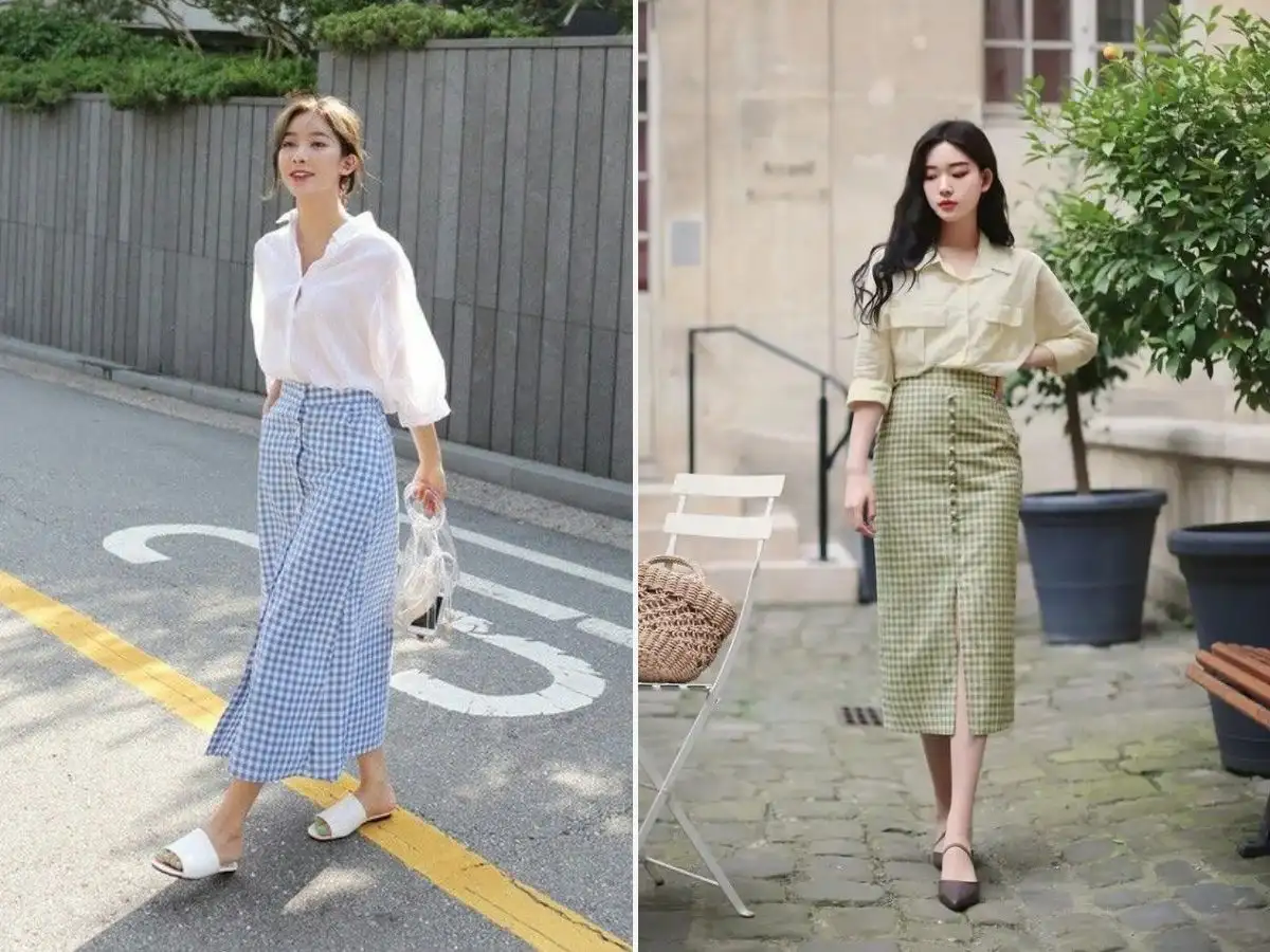 Phối váy caro với áo sơ mi đơn giản