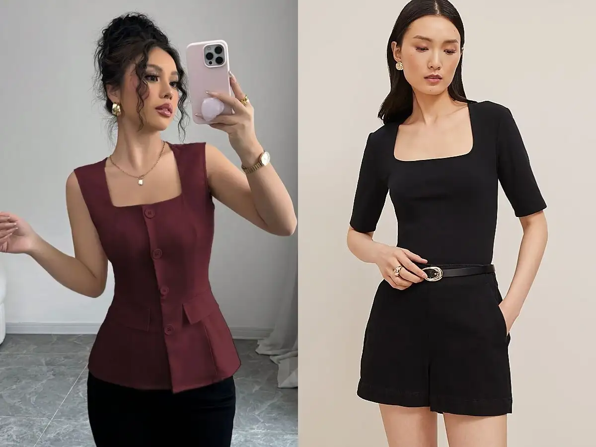 Cổ vuông tạo điểm nhấn rõ rệt với đường viền sắc cạnh, mang đến vẻ đẹp nữ tính và cổ điển