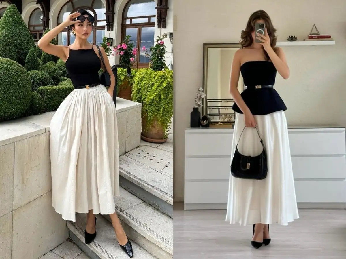 Set chân váy chữ A ngắn trên gối phối cùng áo kiểu luôn là lựa chọn an toàn