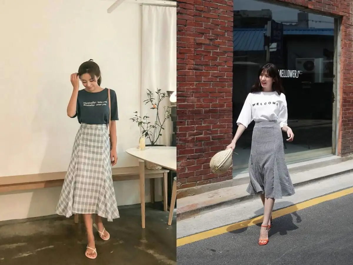 Lựa chọn an toàn là những chân váy màu trơn hoặc có họa tiết đơn giản