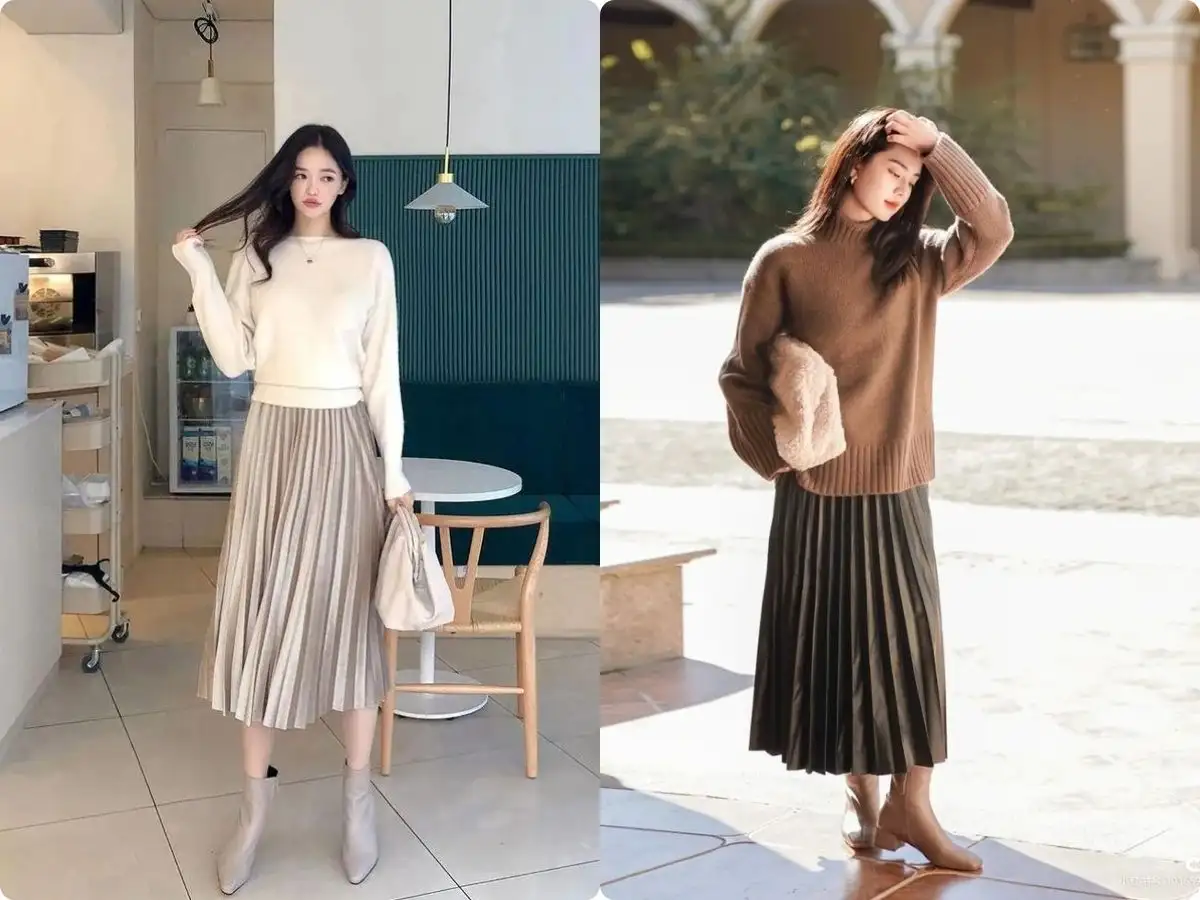 Áo sweater và chân váy dài tạo nên outfit cực kỳ thú vị và cá tính