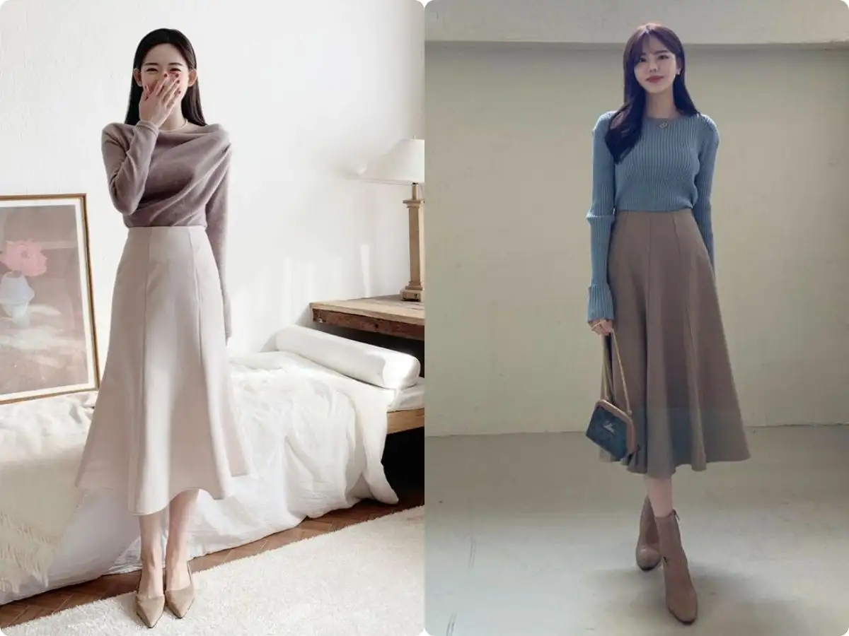 Áo thun tay dài kết hợp cùng chân váy qua gối giúp tạo độ sâu và điểm nhấn thú vị cho outfit mùa đông