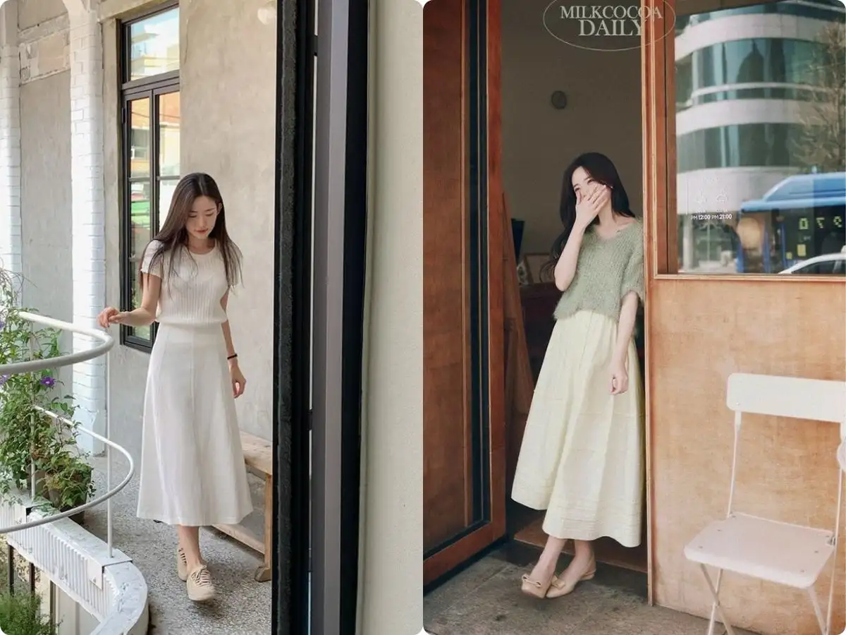 Mẹo phối chân váy dài qua gối cho nàng có chiều cao khiêm tốn