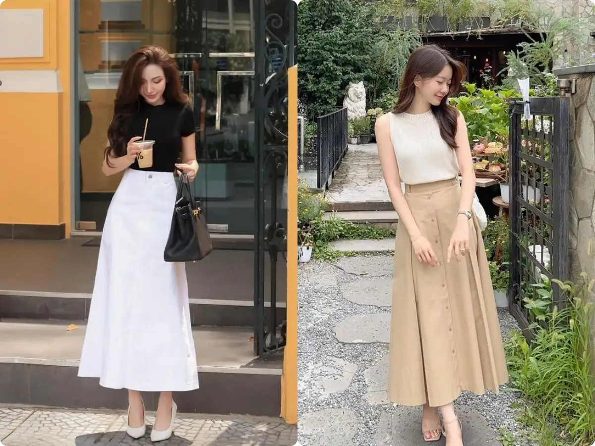 Áo thun và chân váy dài đơn giản, thoải mái và trẻ trung