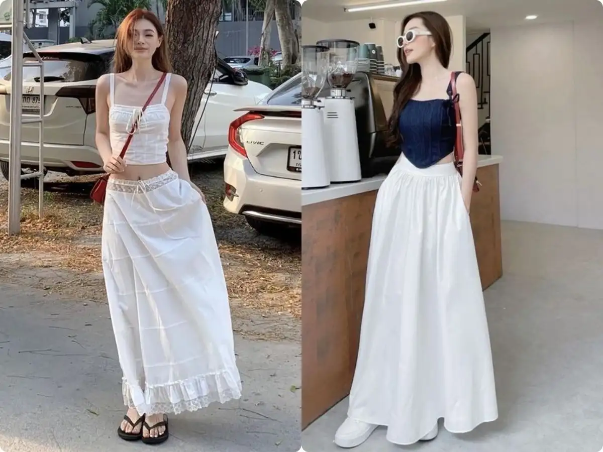  áo hai dây phối cùng chân váy dài là combo giải nhiệt cực đỉnh