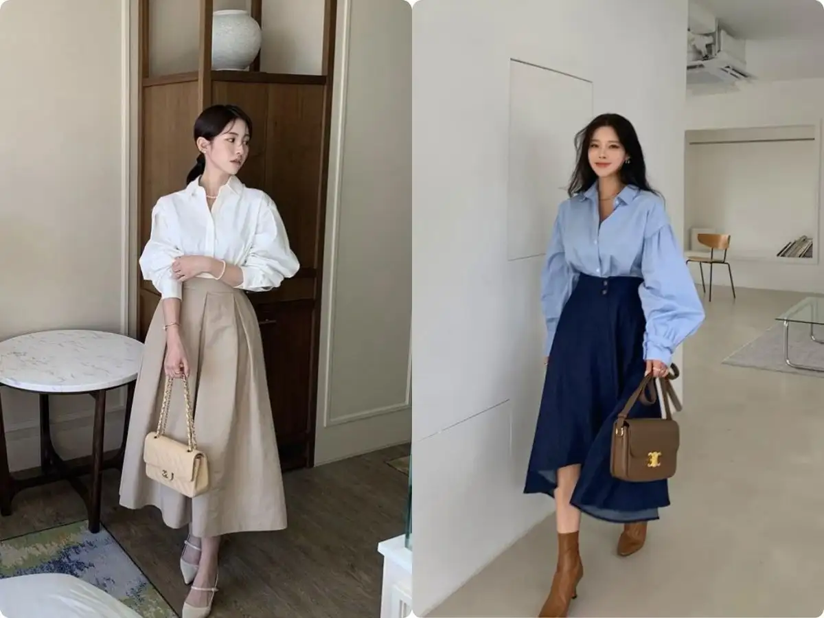 Áo sơ mi phối cùng chân váy dài tạo nên vẻ ngoài nữ tính, nhẹ nhàng