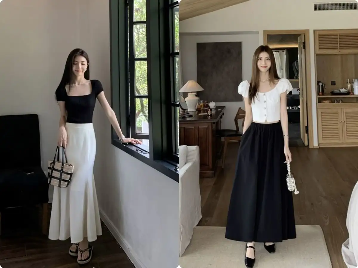 Áo croptop và chân váy dài là công thức hack dáng đỉnh cao