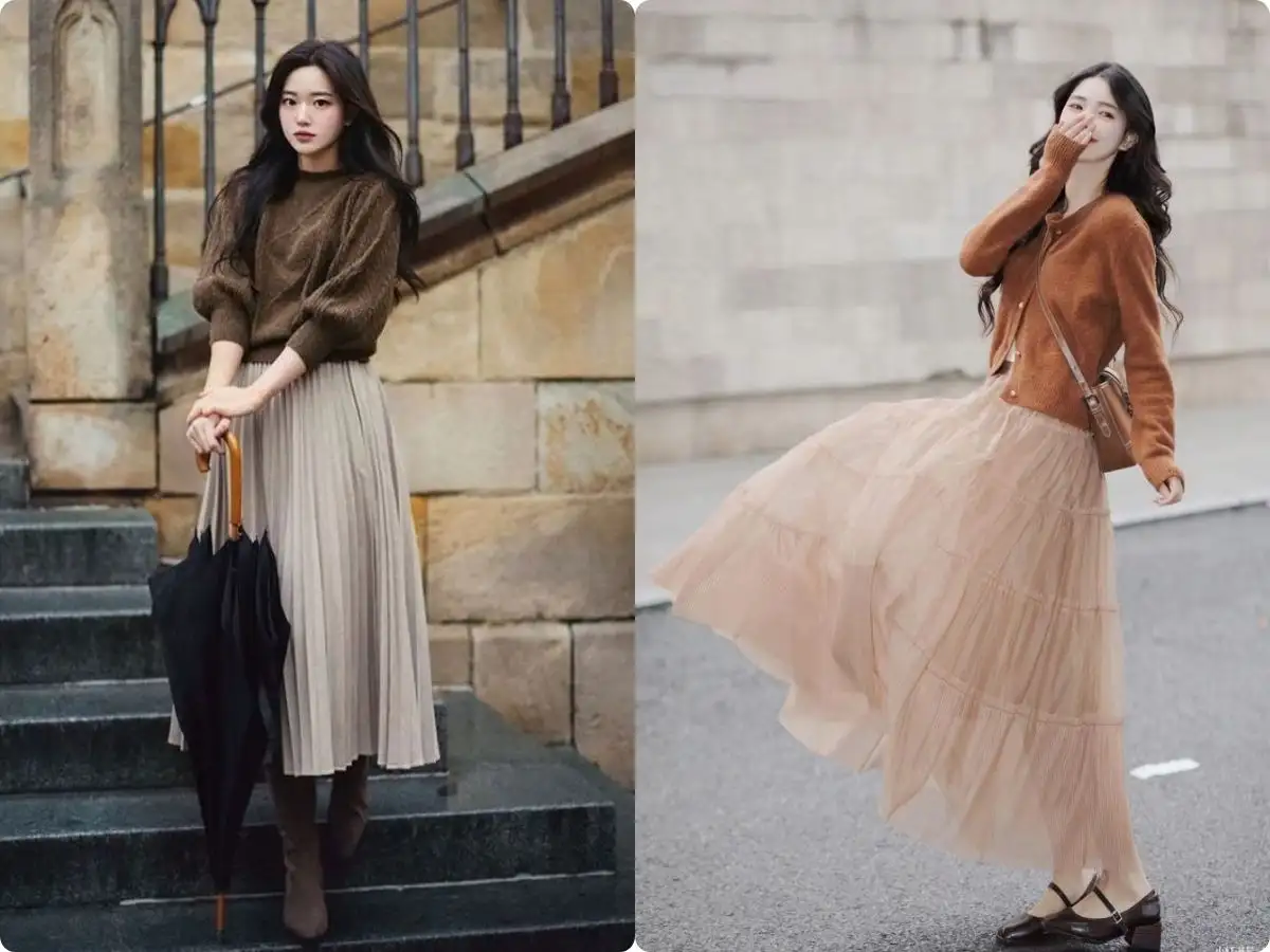 Áo len và chân váy dài là cặp đôi kinh điển của mùa đông