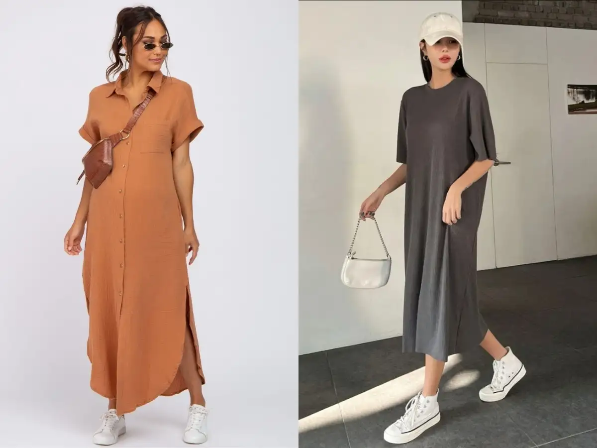 Với đầm bầu dáng suông, bạn có thể dễ dàng biến hóa phong cách
