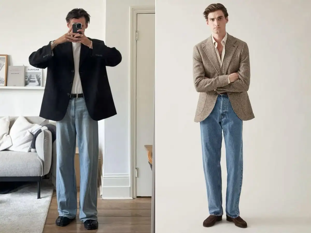 Bạn có thể phối áo blazer cùng áo thun hoặc sơ mi bên trong, kết hợp với quần kaki hoặc jeans tối màu