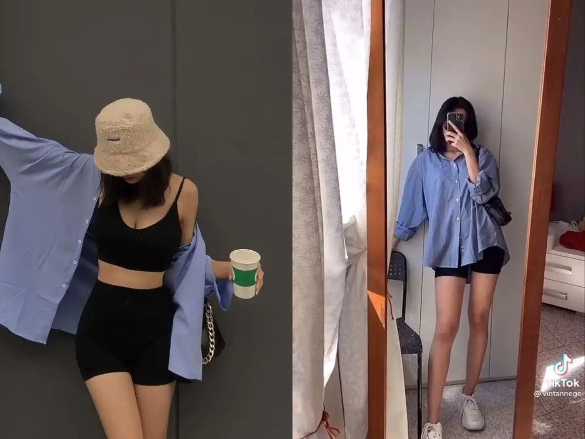 Diện quần biker short với áo sơ mi dáng rộng 
